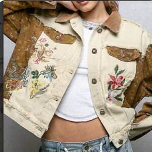 POL Floral Embroidered Jean Jacket in Cream and Brown
